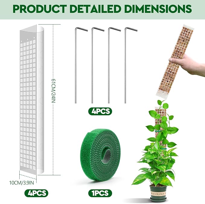 YSKS 4 Pcs 24-inch Plastic Moss Poles for Plants ，Moss Poles for Climbing Plants, Indoor Plant Support Work with Sphagnum muss