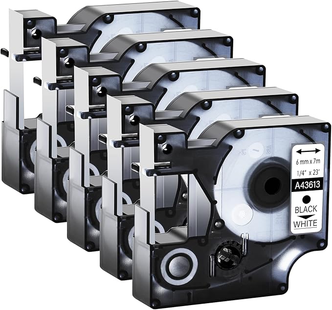 GREENCYCLE 5 Pack Replacement 6mm 1/4" Black on White Label Tape Compatible for Dymo D1 43613 use in LabelManager 160 260P 210D 280 420P 450D 360D LabelWriter 400 450 Duo Label Maker