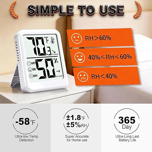 Room Thermometer Indoor Hygrometer Humidity Meter Gauge Digital Temperature and Humidity Sensor Monitor for Home Office House Pets Plants - AAA Battery Included