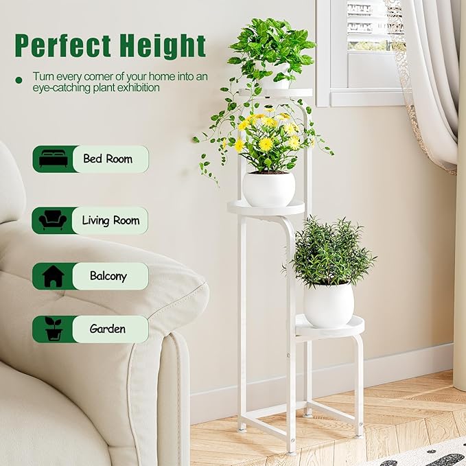 INGIORDAR Plant Stand Indoor Outdoor 3 Tier Metal Plant Shelf for Multiple Plants Corner Flower Holders for Living Room Balcony Bedroom Patio Garden, Black (White, 3-Tier)