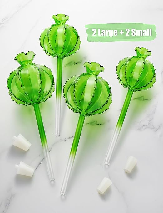 NiHome Plant Watering Globes 4-Pack (2 Small + 2 Large), Green Glass Cactus Self Watering Globe, Glass Waterer for Potted Plants, Automatic Mini Irrigation System, Adorable Gardening Tool