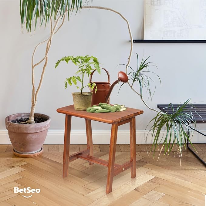 Rectangular Acacia Wood Stool (16.7"D x 13"W x 17.7"H) - Small Bench Seat, End Table, Bathroom, Plant, Makeup Stool - Perfect for Living Room, Bathroom (Light Brown)