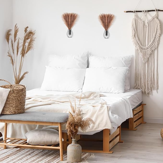 Otoolling 2 Pieces Hanging Plant Wall Decor with Artificial Pampas Grass Metal Hanging Vase Modern Geometric Farmhouse Bohemian Wall Art for Living Room Bedroom Kitchen Office(Black, Brown)