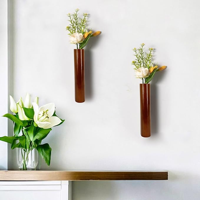 AIM & GGKK Wood Wall Vase for Flowers Set of 2, Wall Mounted Wooden Planters Holder for Indoor Plants, Bedroom Living Room Bathroom Kitchen Modern Decor