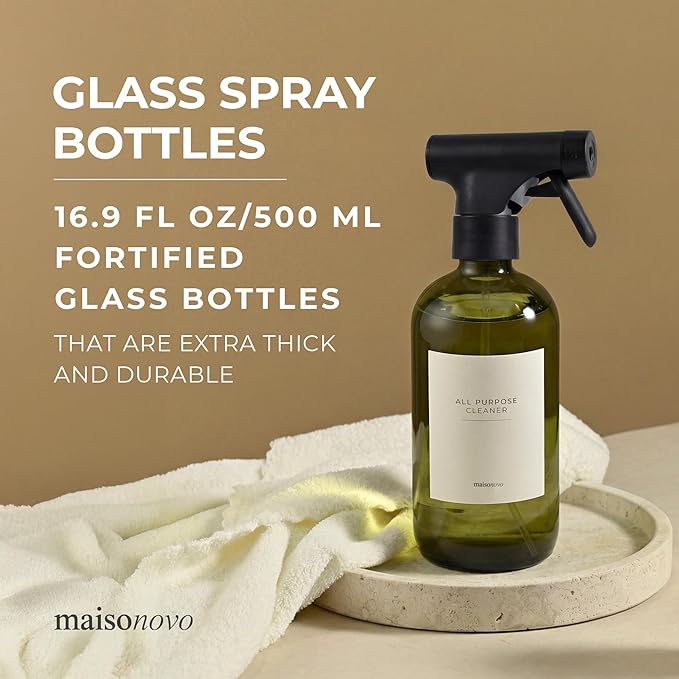 MAISONOVO Glass Spray Bottles for Plants - 16.9 fl oz Dark Green x 2 with 16 Labels