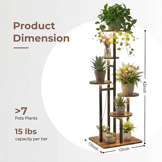 5 Tier Plant Stand Indoor with Grow Light, Tiered Plant Stands for Indoor Plants Multiple, Corner Flower Stand for Living Room, Multi-Layer Vintage Design Plant Shelf