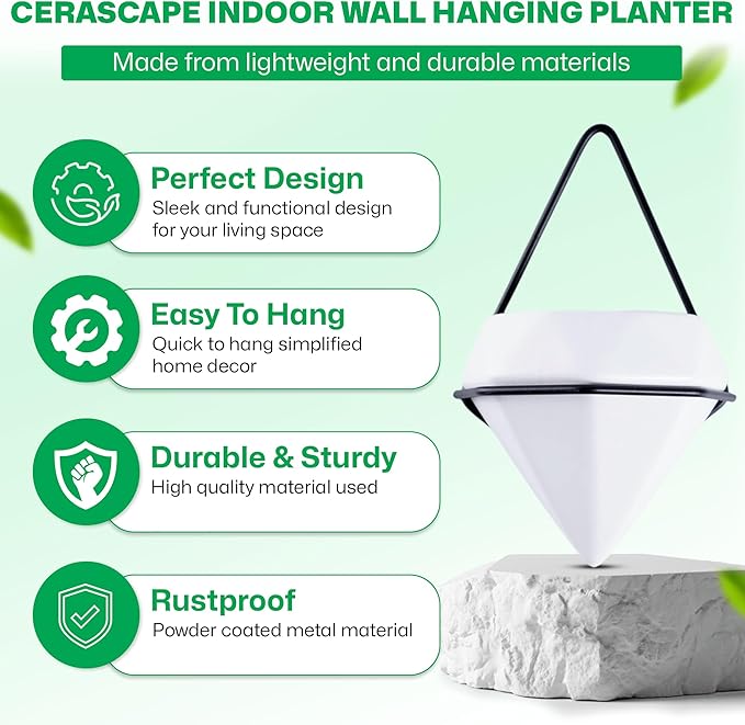 CeraScape Indoor Wall Hanging Planter, 2 Pot Set, Modern Geometric Diamond Display for Succulent, Air, Faux Plants, Boho Home and Office Decor, Gold and Black Frames (White)