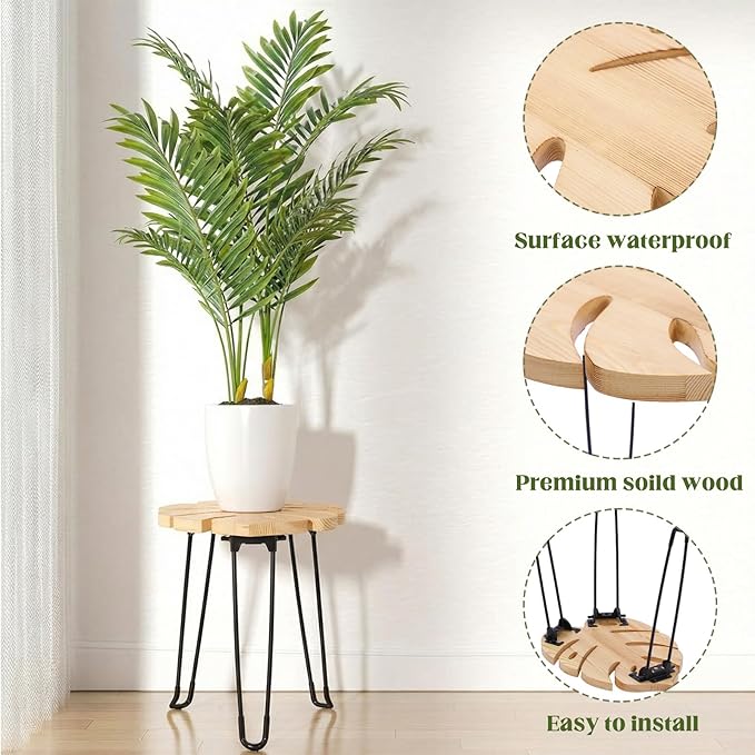 Gerrii Monstera Leaf Small Side Tables Tall Plant Stand Indoor Monstera Leaf End Table Wooden Folding Stool for Large Plants Living Room Bedroom Apartment Balcony Yard Indoor, 15.8" x 12" x 15"