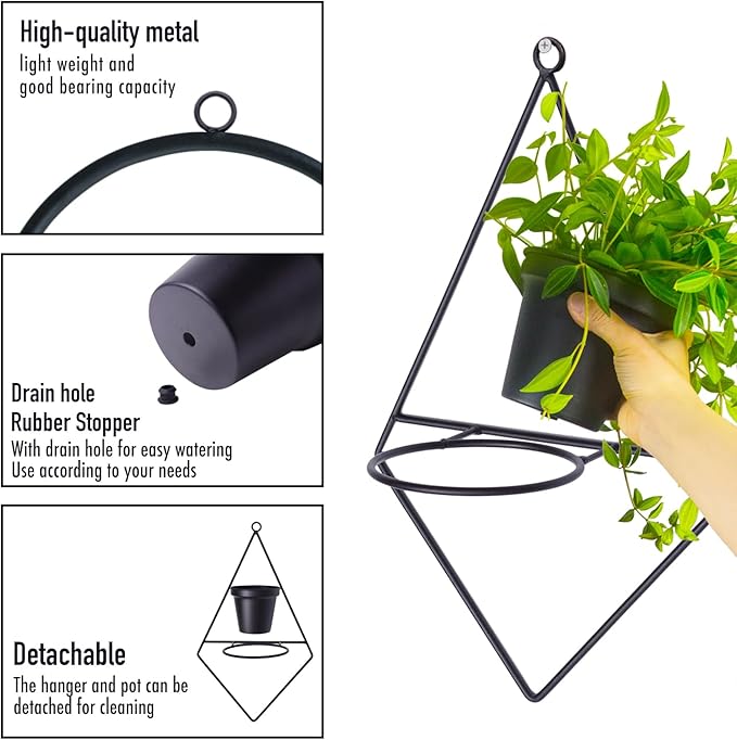 Geometric Wall Planters for Indoor Plants – Set of 2 Black Metal Wall Mounted Plant Holder (Round & Diamond Shapes) with 5 Inch Flower Pots, Modern haning planters for Indoor Outdoor Decor
