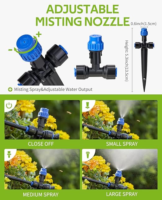 HIRALIY 118FT Greenhouse Misting Drip Irrigation Kit, Quick Connector Design, Irrigation System with 1/4" Tubing and Adjustable Nozzles for Hanging Plants, Garden Watering System for Raised Bed