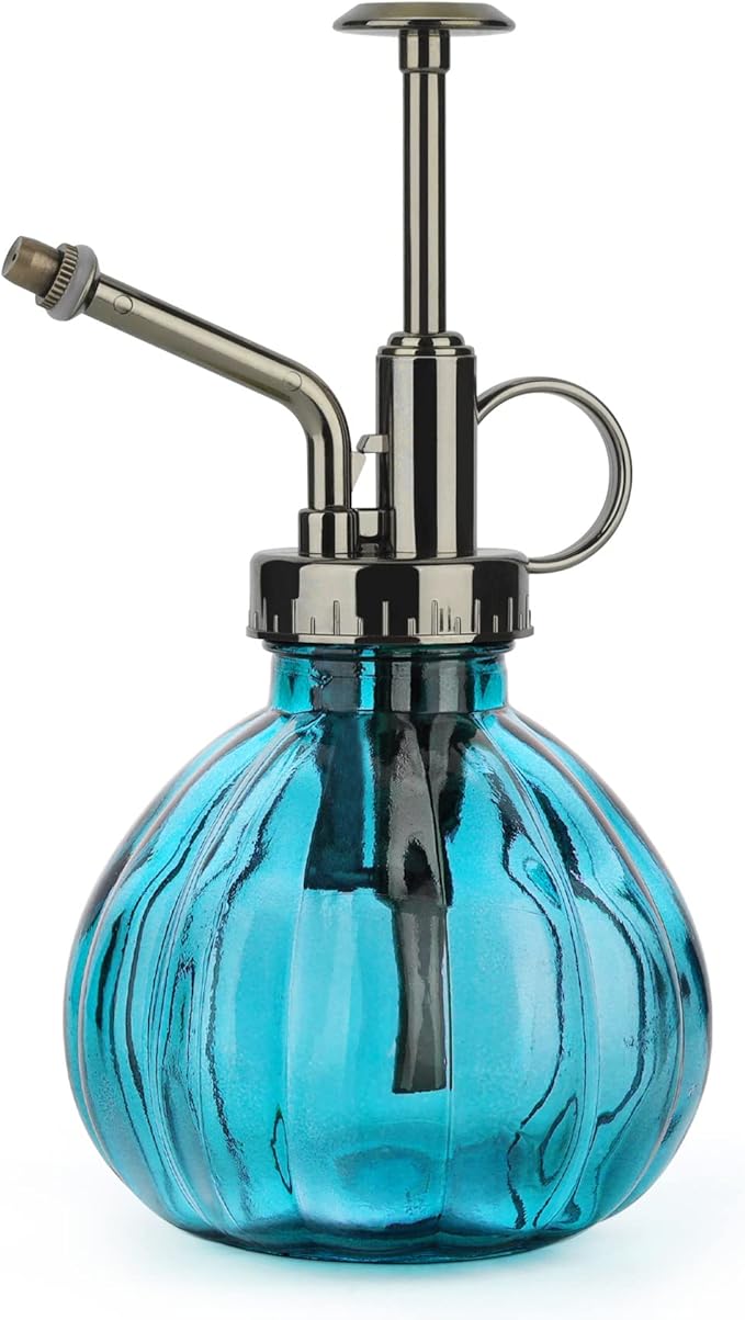 T4U Glass Plant Mister 200ML, Vintage Spray Bottle with Top Pump Fine Mist Flower Garden Sprayer Small Decorative Spritzer Watering Can Gift for Indoor Outdoor Succulent House Plant (Blue)