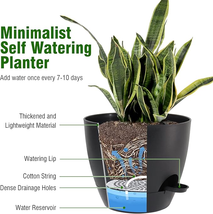 UOUZ Large Self Watering Pots, 12/10/9 Plastic Planters with High Drainage Holes and Deep Reservoir for Indoor Outdoor Garden Plants and Flowers, Black