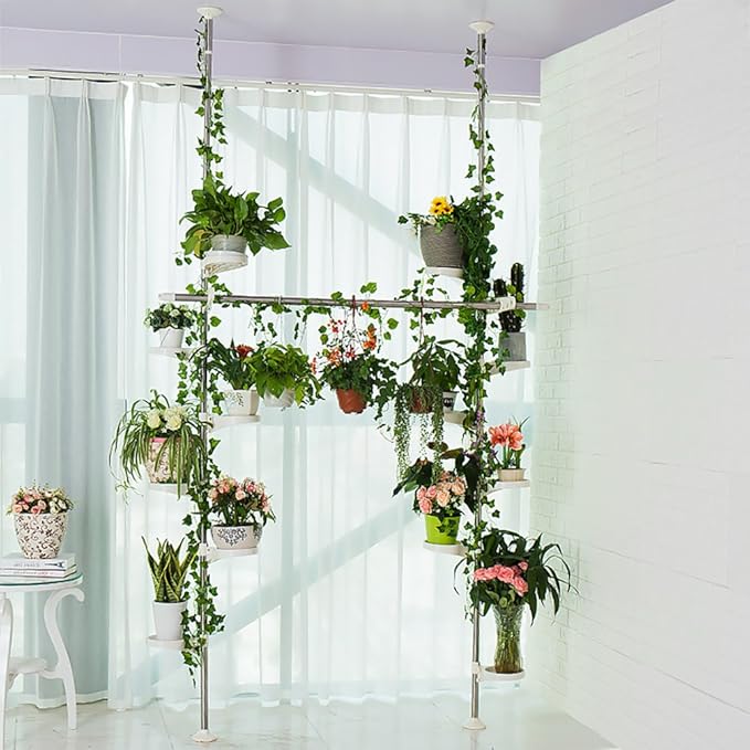 BAOYOUNI Indoor Plant Stands Spring Double Tension Pole Metal Flower Display Rack Space Saver Corner Floral Pot Storage Shelf with 12 Trays, 2 Hooks & 1 Telescopic Rod for Clothes Drying Hanger, Ivory