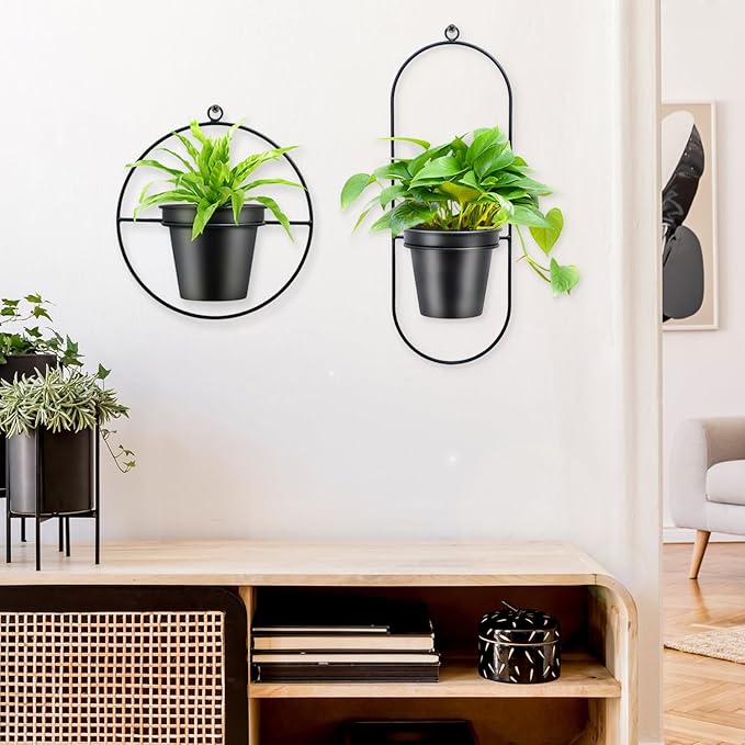 Geometric Wall Planters for Indoor Plants – Set of 2 Black Metal Wall Mounted Plant Holder (Round & Oval Shapes) with 5 Inch Flower Pots, Modern haning planters for Indoor Outdoor Décor