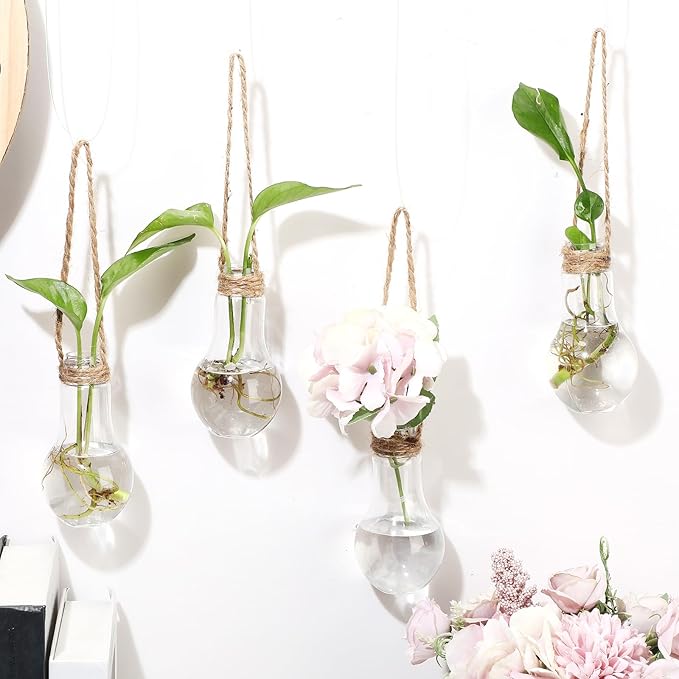 Baderke 24 Pack Hanging Propagation Station 3.9 Inch Plastic Plant Vases with Hooks & Cleaning Brush Clear Window Jars for Plant Clippings, Home Office Decor, Gardening Gifts for Women