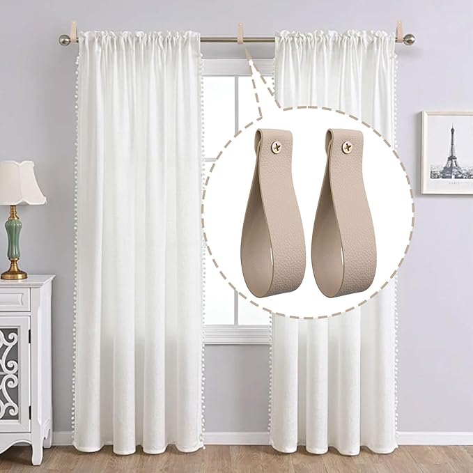 Curtain Rod Holders,Set of 8 Leather Curtain Rod Brackets with Screws,PU Curtain Rod Hangers,Leather Straps Hooks for Wall Pole Macrame Boho Art Décor, Beige