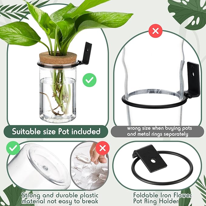 Baderke 6 Set Wall Plant Holder with Plastic Propagation Vases Hanging Planter Wall Mounted Set for Plants Growing in Water Hydroponic Artificial Plants Indoor Decor (2.48" X 3.94",Classic)