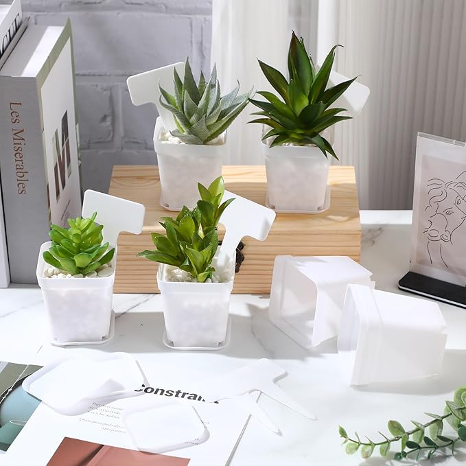 140 Pcs 3 Inch Plastic Plant Pots Square Seedling Nursery Pots Reusable Small Plant Pots with Saucers 140 Pcs Waterproof Plant Labels T Type Plant Tags Marking Pen for Garden Balcony Office (White)