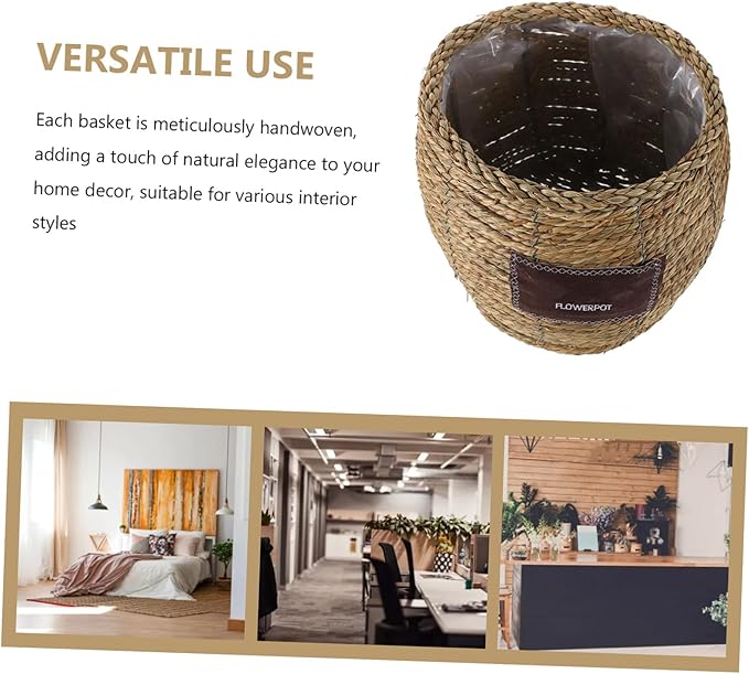 Woven Rattan Flower Basket Planter for Indoor Outdoor Plants, Medium Belly-Shaped Straw Storage Basket with Natural Seagrass, Decorative Plant Pot for Garden and Home Use