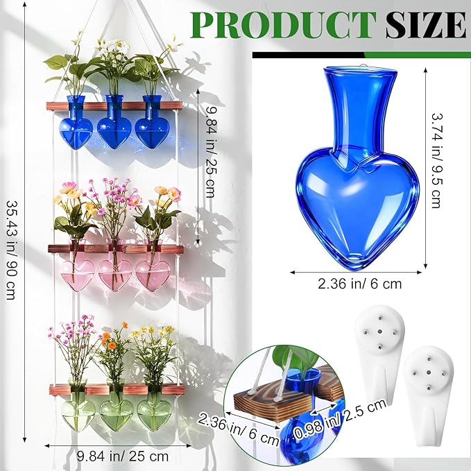 Leinuosen Wall Hanging Plant Propagation Stations Mother Gifts for Her Plant Lovers 3 Tiered 9 Heart Shaped Glass Vases Terrarium with Wooden Stand for Hydroponics Indoor Garden Home Decor(Multicolor)