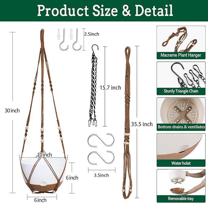 Koalaime 2 Pack Hanging Planters Set,10 Inch Indoor Outdoor Hanging Plant Pot Basket,Hanging Flower Pot with Drainage Hole with 3 Hooks for Garden Home(Caramel Hanger White Planters)