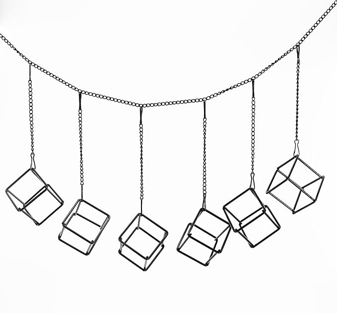 6 Pack Metal Hanging Air Plant Holders - Geometric Black Cube Tillandsia Hangers with Long Chains, Wall or Ceiling Mount for Small Air Plants, Home & Office Boho Decor (Individual or Combined Use)