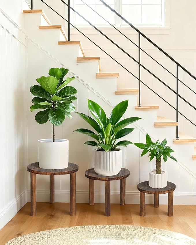 3-Pack Wooden Plant Stand Indoor, Mid Century Plant Stands for 6-11 Inch Pots, Modern Plant Stool for Large Plants, Heavy Duty Tall Plant Holder for Small Apartment Living Room Balcony Office
