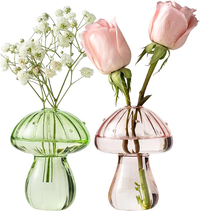 Mushroom Vases, Set of 2 Colored Plant Propagation Station, Mushroom Propagation Vase, Mini Terrarium for Plants, Cute Glass Hydroponic Vase for Flowers, Gifts for Women, Plant Lover (2)