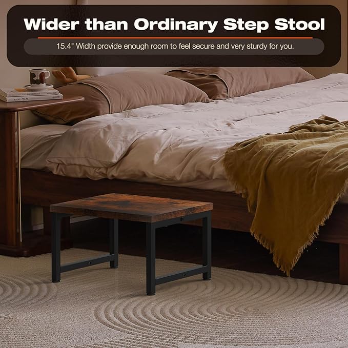 Flottian 9" Wooden Step Stools for Adults Kids,15.4" Extra Wide Heavy Duty Step Stool Holds Up to 300 lbs,Bed Step Stool for High Beds,Stools for Bedroom,Kitchen,SUV ect, Easy Assemble, Rustic Brown