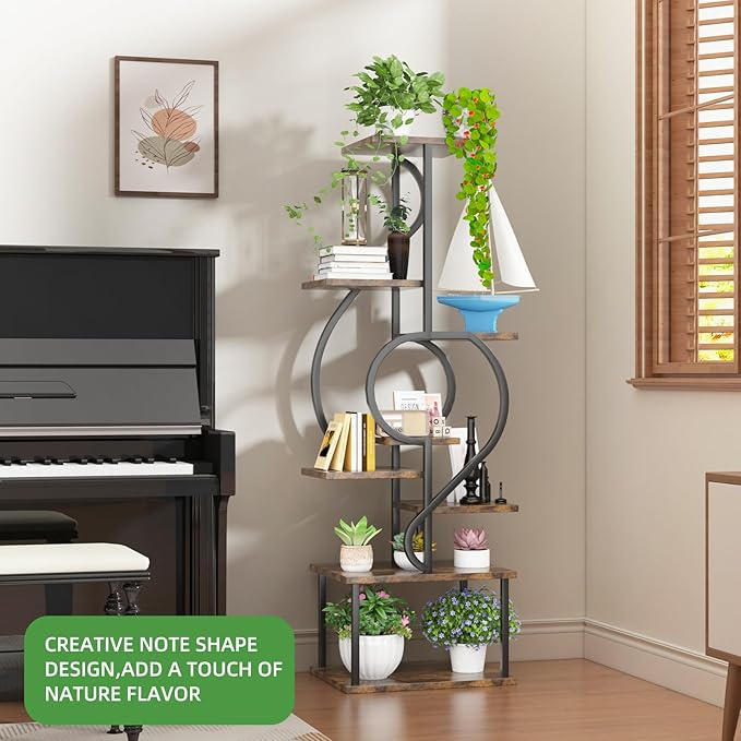 YAKANJ Plant Stand Indoor with Grow Light,8 Tiered Indoor Plant Stand,58" Tall Plant Flower Shelf,Creative Note Shaped Plant Holder for Home,Patio,Brown