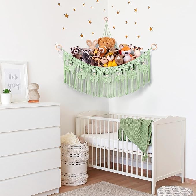 ANROYE Macrame Stuffed Animal Storage with Star Light, Bear Green Hammock for Girls Room Decor, Corner Hanging Mesh Organizer Idea for Nursery, Plushies Toy Wall Hanging Display Holder Kid Boy Gift