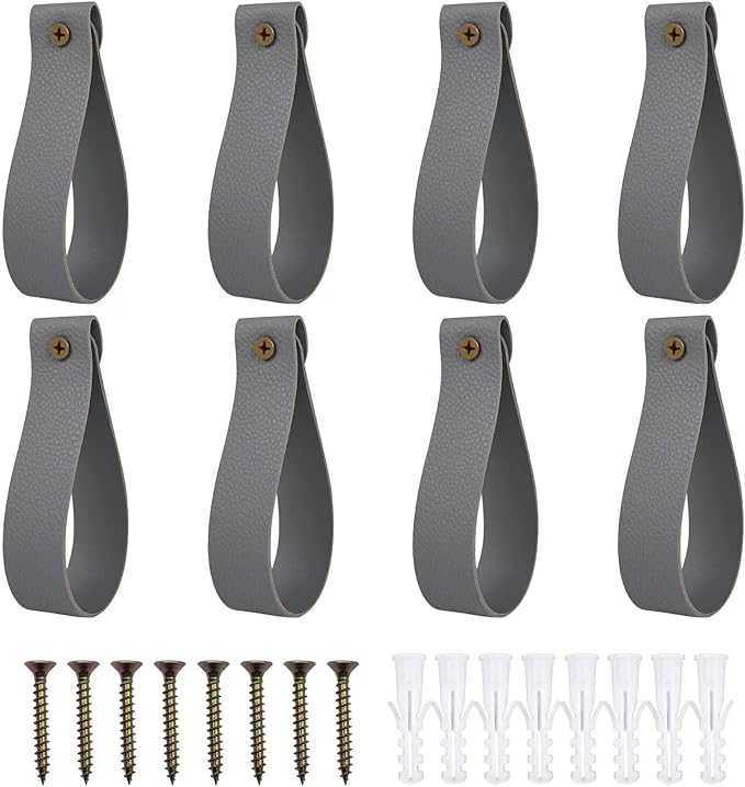 Curtain Rod Holders, 8 Pack Leather Curtain Rod Brackets with Screws,PU Curtain Rod Hangers,Leather Straps Hooks for Wall Pole Macrame Boho Art Décor, Gray