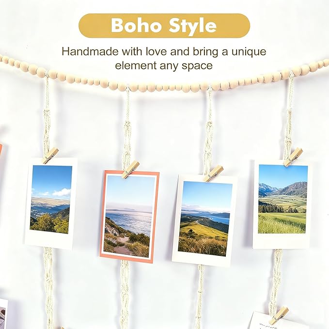 Macrame Hanging Photo Display Wall Decor，Picture Holder with 30 Clips for Bedroom Wall，Picture Christmas Card Holder with String Lights， Room Decor for Teen Girls， Christmas Card Display ,Presents for Teens
