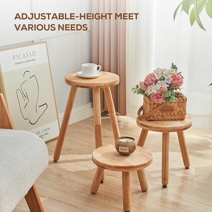Small Round Side Table Adjustable Height Solid Wood Drink Table Indoor Tall Plant Stand Multi-Use Accent Stool-11‘’D × 20“H (Wood)