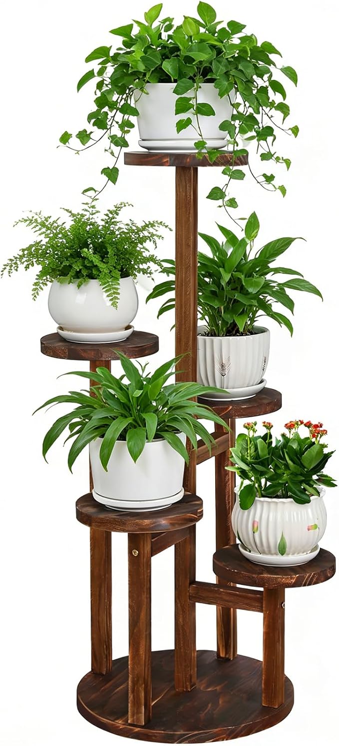 5 Tier Plant Stand Indoor, Tall Wood Corner Plant Shelf for Multiple Plants, Multi-tiered Flower Pot Holder Display Rack for Living Room, Balcony, Patio (Carbonized Brown)