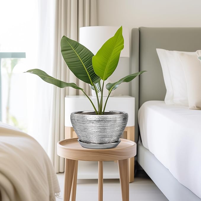 Ceramicfor Pot for Plants 9 Inch - Ceramic Plant Pot Indoor with Drainage Hole and Saucer Round Planter for Indoor Plants Modern Decorative Flower Pot for Home Decor Silver