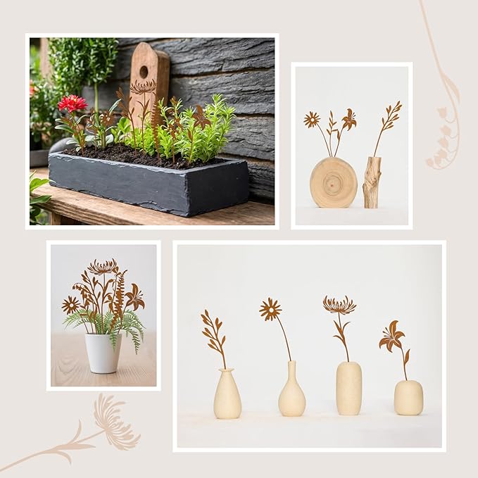 8-Piece Wildflower Garden Stakes – Rustic Hand-Rusted Metal Flower Stakes for Flower Beds, Lawn, Pots, Patio, Outdoor Décor, Yard Art & Plant Decorations