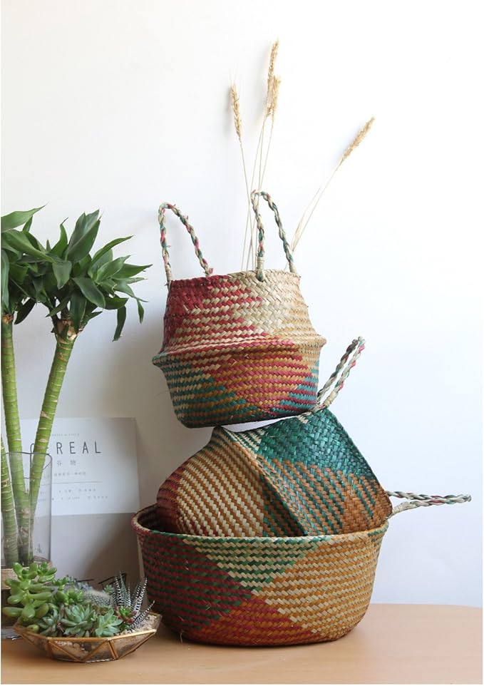 Natural Seagrass Basket - BESTCHANCEUS Seagrass Belly Basket with Handles Handmade Foldable Tote for Storage,Laundry, Picnic, Plant Pot Cover, and Beach Bag Colorful 29x26CM