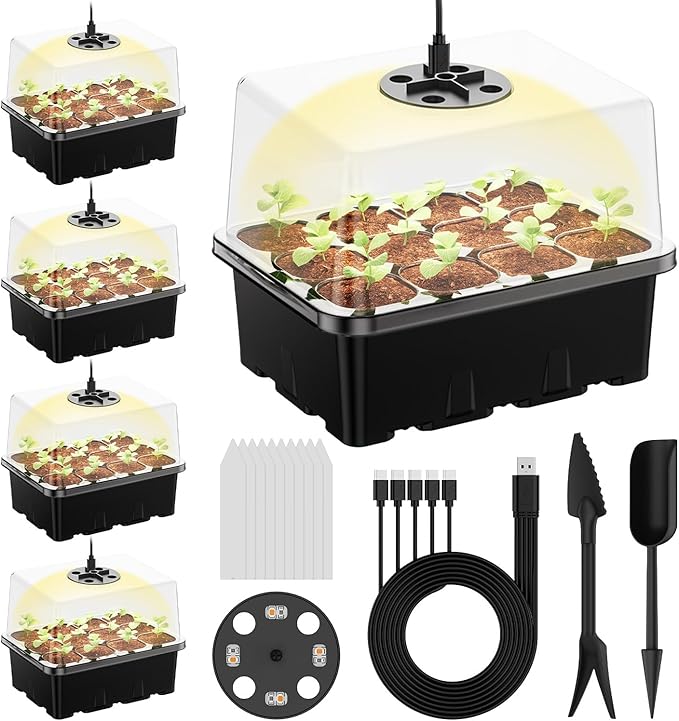 Seed Starter Tray with Grow Light, 5 Pack 60 Cells Seed Starter kit with Humidity Dome and Base, Plant Seedling Trays Indoor Greenhouse Gardening (Black 5 Pack)