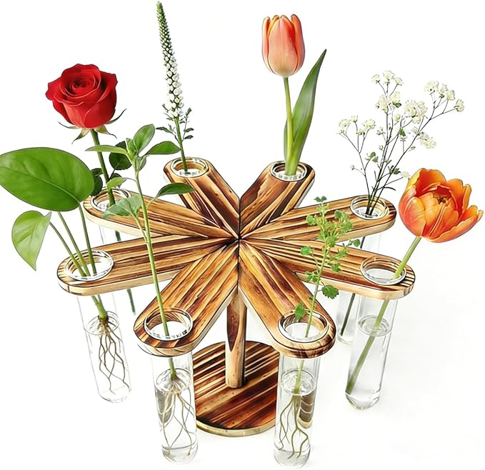 Plant Terrarium Propagation Stations, Clear Glass Flower Vases, Wooden Stand Retro, Hydroponics for Home Office Decoration, Dining Table Centerpiece - 8 Glass Tubes Vases