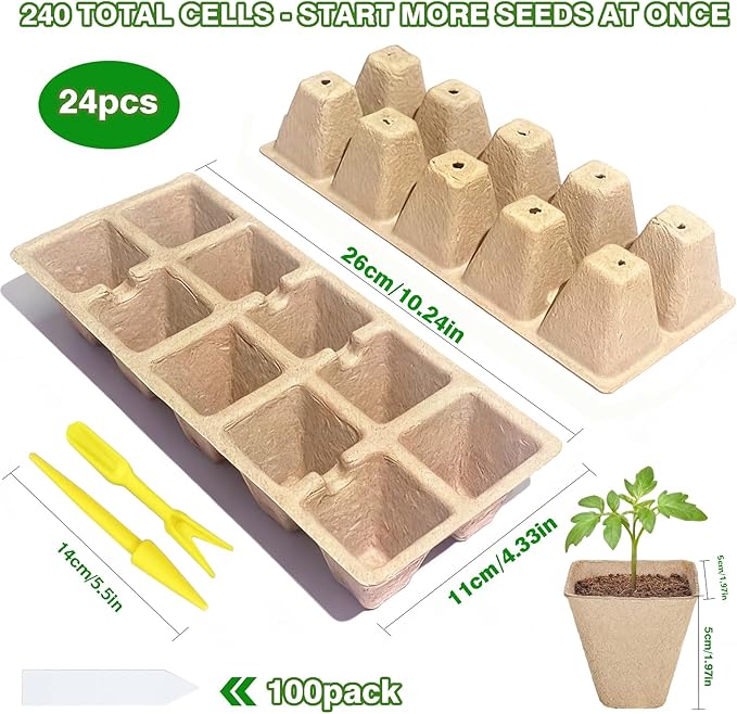 240 Cells Seed Starter Tray, 24 Pack Germination Peat Pots with 100 Labels, Plant Starter Kit for Seedlings