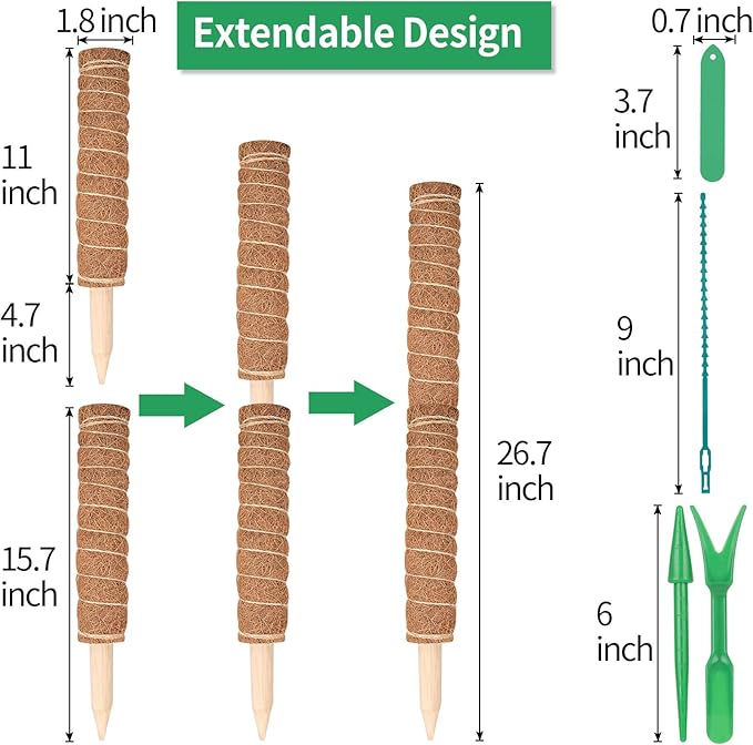 Kikhope Moss Pole Monstera Plants Support, 4 Pack 15.7 inch Coir Totem Poles, Plant Support Stakes, Plant Sticks, Coir Moss Stick for Indoor Potted Plants Train Creeper Plants Grow Upwards