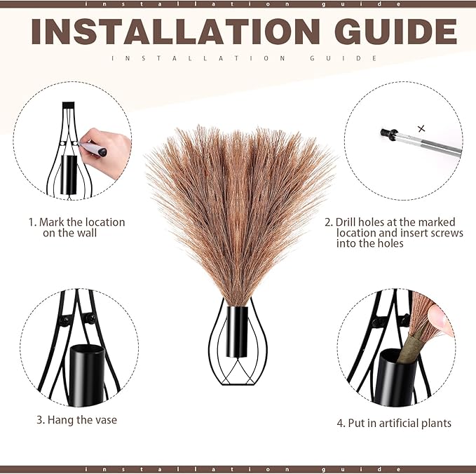 Otoolling 2 Pieces Hanging Plant Wall Decor with Artificial Pampas Grass Metal Hanging Vase Modern Geometric Farmhouse Bohemian Wall Art for Living Room Bedroom Kitchen Office(Black, Brown)