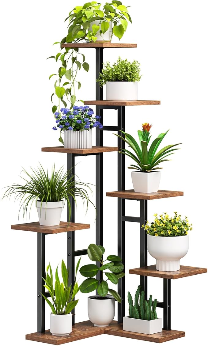 HOOBRO Corner Plant Stand Indoor, 7-Tier Plant Shelf for Multiple Indoor Plants, Corner Plant Rack Organizer, Square Flower Stand, for Living Room, Balcony, Patio, Rustic Brown and Black BF01HJ01
