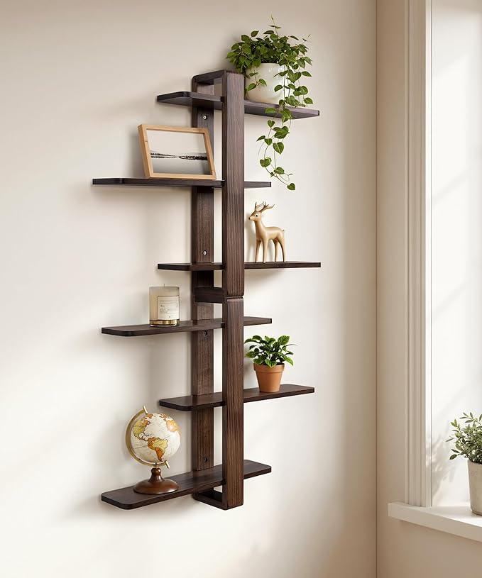 SUMGAR Floating Shelves for Wall Walnut Mounted Shelf Unit for Living Room Bedroom Bathroom Mid Century Modern Decorative Storage Plant Photo Display Home Decor 3 Tier Large 20in All Pine