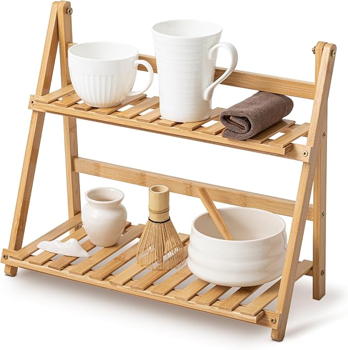 Yalikop Matcha Station Shelf,15.7'' Coffee Station Organizer, 2 Tiers Bamboo Mug Holder Countertop,Desktop Flower Pot Rack for Home Living Room Window Sill Foldable Display Storage Shelf(Wood)