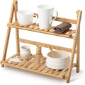 Yalikop Matcha Station Shelf,15.7'' Coffee Station Organizer, 2 Tiers Bamboo Mug Holder Countertop,Desktop Flower Pot Rack for Home Living Room Window Sill Foldable Display Storage Shelf(Wood)