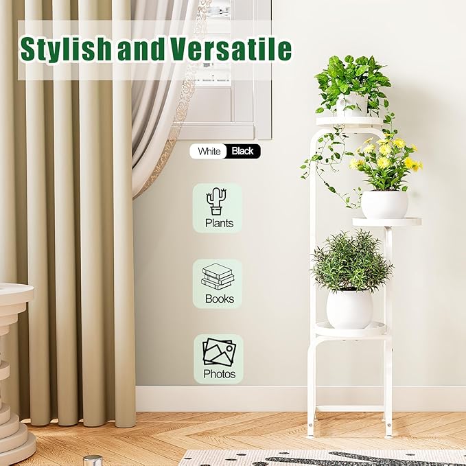 INGIORDAR Plant Stand Indoor Outdoor 3 Tier Metal Plant Shelf for Multiple Plants Corner Flower Holders for Living Room Balcony Bedroom Patio Garden, Black (White, 3-Tier)