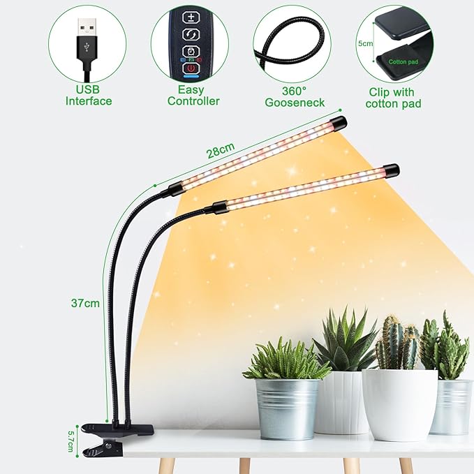 SDOVUERC Grow Lights for Indoor Plants, 4 Heads Full Spectrum LED Plant Lamps with Clips and 10 Feet Cables for Seeding Growing(2 Pack)