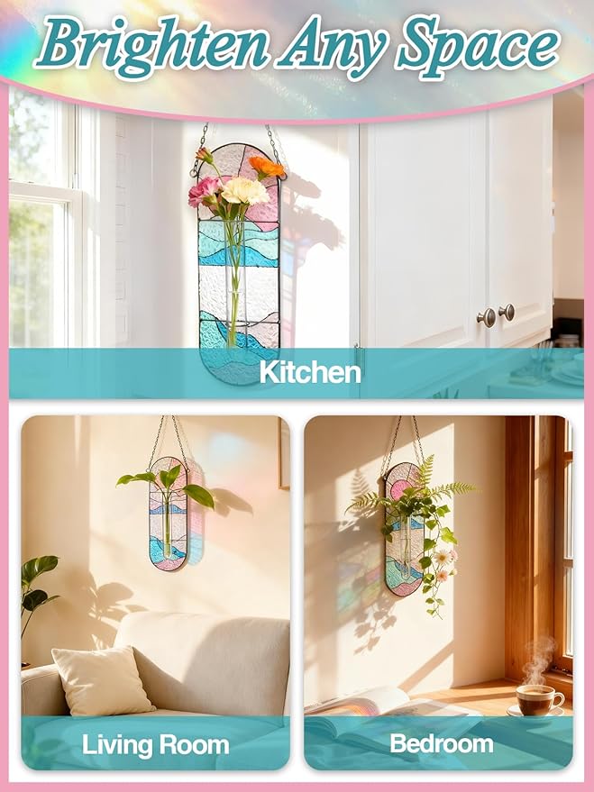 Stained Glass Plant Propagation Stations - Handmade Sunshine Catcher Hydroponic Planter Window Hanging with Glass Tubes, Terrarium Decor Gifts for Women Mom Plant Lovers, Pink